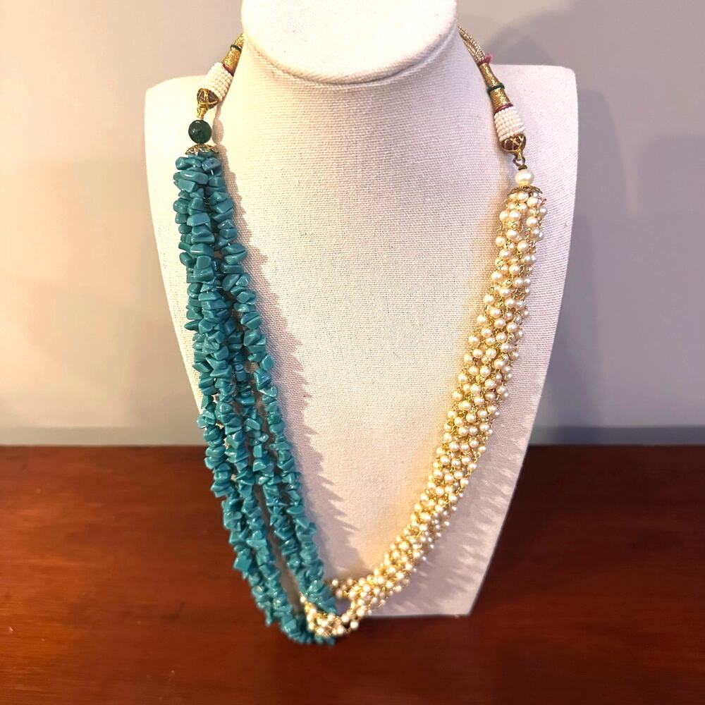 Beaded Faux Turquoise Pearl Necklace Gold Cord Adjustable Statement Jewelry